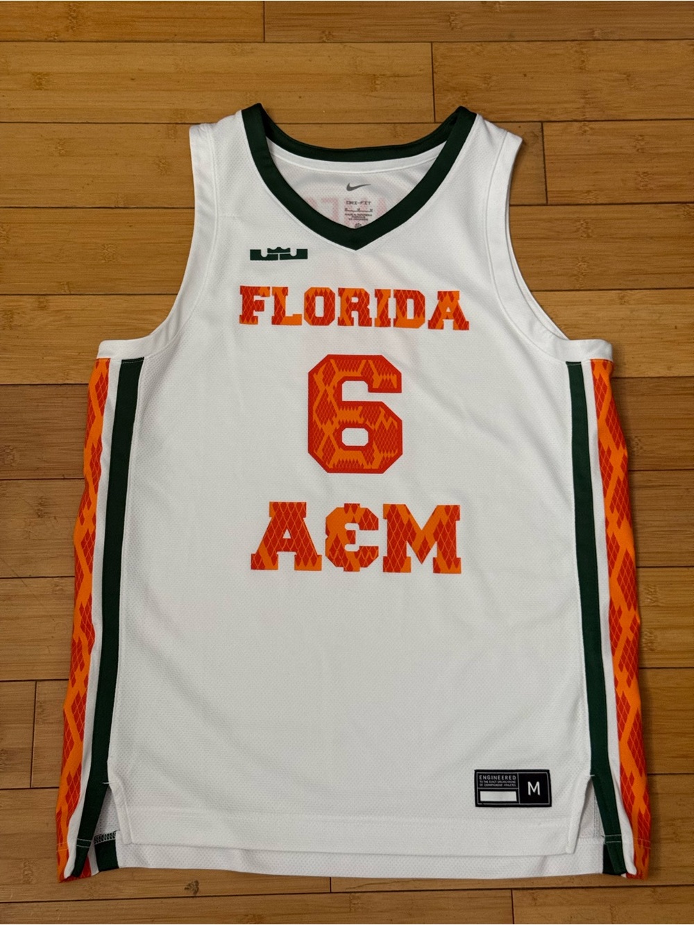 Nike White Florida #6 A&M Basketball Jersey with Orange & Green Accents